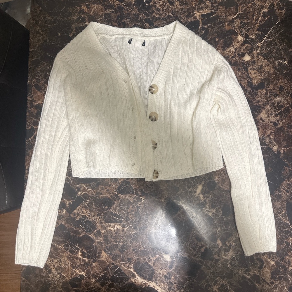 Cream Ribbed Cardigan with Button Detail